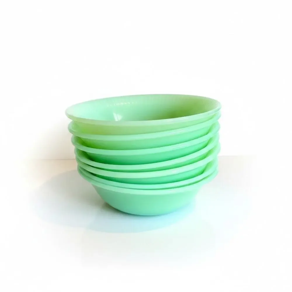 7 Fire King Jadeite Jane Ray Dessert Bowls-Anchor Hocking-Vintage Set-Berry-Milk